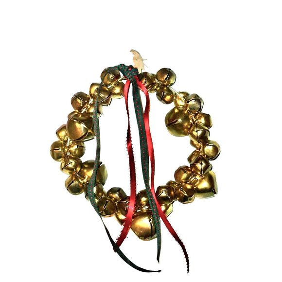 Gold Jingle Bell Wreath With Red & Green Ribbon Accents - Picture 5 of 5